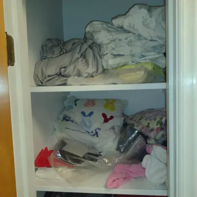Contents of Closet- Linens, Pillows, Tote Bags, Heating Pad, Duffle Bag, Small Rolling Luggage, etc.