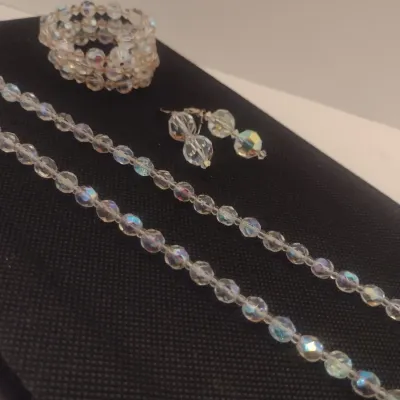 Collection of Aurora Borealis Glass Crystal Jewelry- Necklace, Wire Coil Bracelet, Earrings (#3)