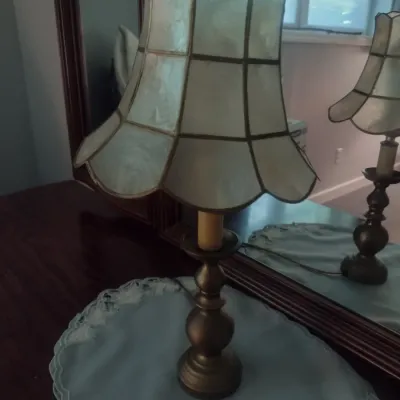 Pair of Matching Candlestick Post Lamps with Capiz Shell Shades