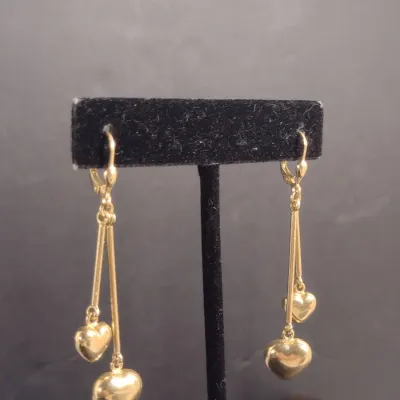 14 Karat Yellow Gold Heart Design Dangle Earrings- Approx 4.8 Grams Total Weight (#19)