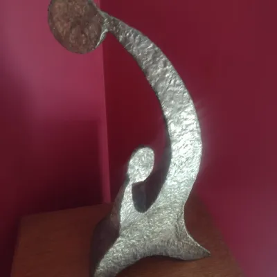 Hammered Bronze-Tone Abstract Mother with Child Metal Statue