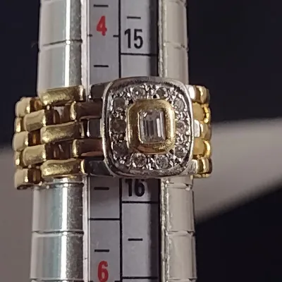 14 Karat Yellow and White Gold and Diamond Link Style Ring - Approx 7.4 Grams Total Weight, Size 5 (#27)