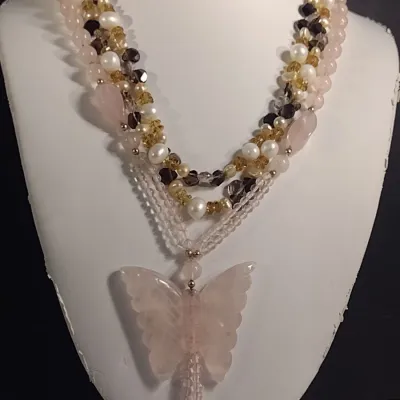Rose Quartz Butterfly Necklace and Pearl and Glass Bead Necklace (#11)