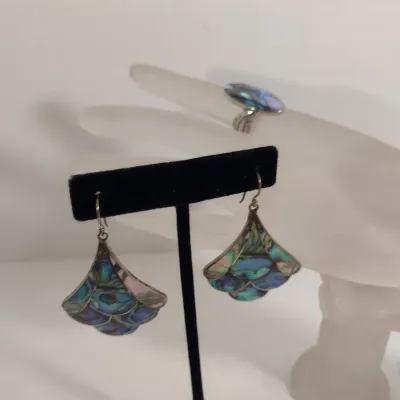 Abalone Ring and Earrings- Sterling Silver Ring Size 5 3/4- Earrings Marked 'Mexico' (#7)