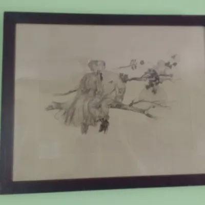 Vintage Framed Print Two Lovers on a Branch Cupid in the Background