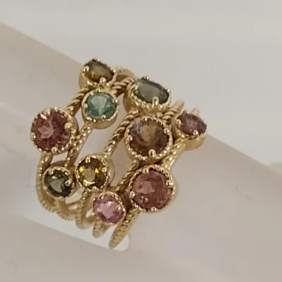Gold Toned Sterling Silver and Multi Gemstone Ring and Earrings- Ring Size 6 (#8)