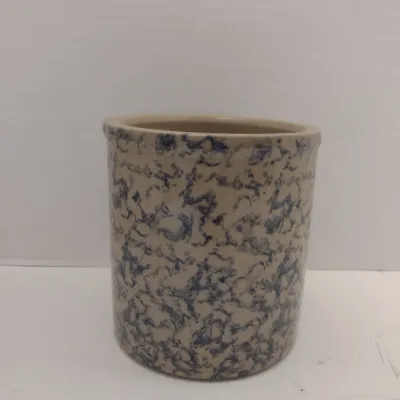 Robinson-Ransbottom Roseville Pottery Crock/Utensil Holder with Blue Sponge Pattern- Approx 5" in Diameter, 5 1/4" Tall