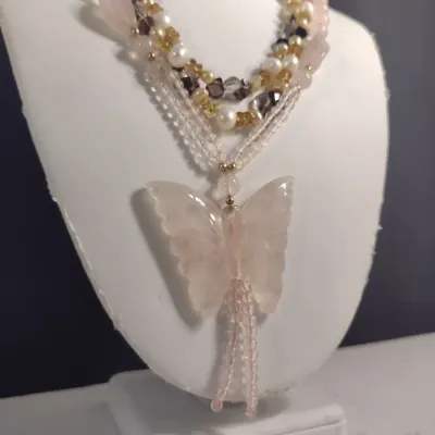 Rose Quartz Butterfly Necklace and Pearl and Glass Bead Necklace (#11)