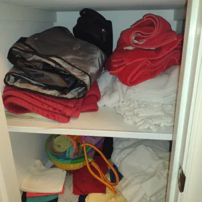Contents of Closet- Linens, Pillows, Tote Bags, Heating Pad, Duffle Bag, Small Rolling Luggage, etc.