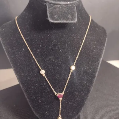 14 Karat Yellow Gold, Gemstone, and Moissanite Necklace- Approx 2.6 Grams Total Weight, 14" Long (#28)