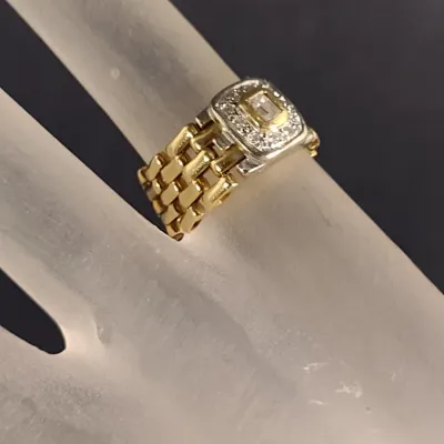 14 Karat Yellow and White Gold and Diamond Link Style Ring - Approx 7.4 Grams Total Weight, Size 5 (#27)