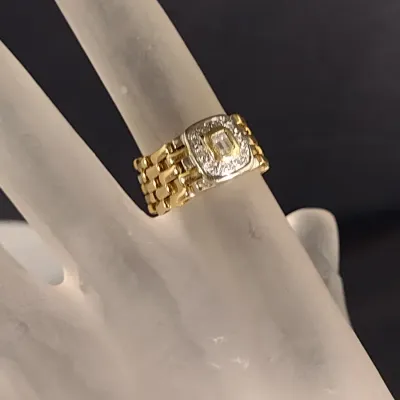 14 Karat Yellow and White Gold and Diamond Link Style Ring - Approx 7.4 Grams Total Weight, Size 5 (#27)