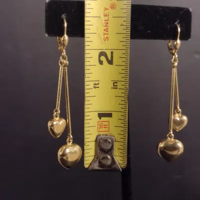 14 Karat Yellow Gold Heart Design Dangle Earrings- Approx 4.8 Grams Total Weight (#19)