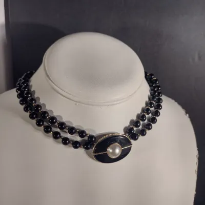 14 Karat Yellow Gold- Double Strand Choker Necklace with Center Pendant- Approx 14 1/2" Long (#16)
