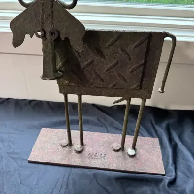 Bill Heise Metal Bull Sculpture, Signed Folk Art Animal Sculpture with Paperwork