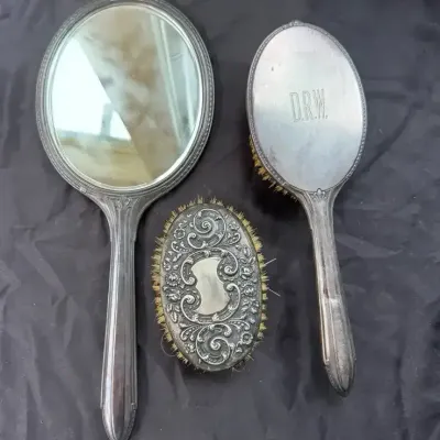 Vintage Vanity Set with Sterling Handled Brush (.18kg). Mirror and Comb Included.