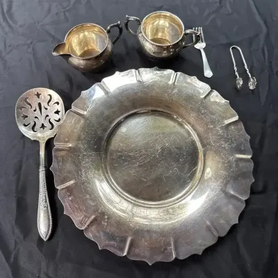 Sterling Silver Serving Pieces, Bowl, Plate, Ladle, Tongs, .79 kg Total Weight
