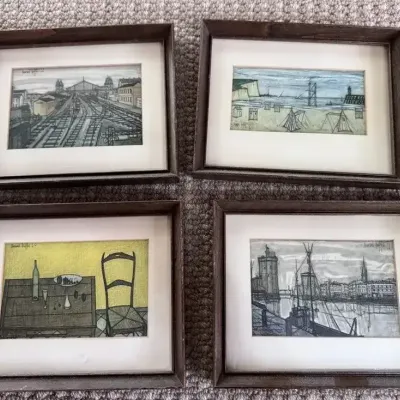 Set of 4 Framed Mid-Century Bernard Buffet Style Art Prints – 8" x 6.5"