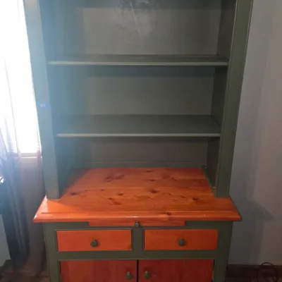 Sale Photo Thumbnail #31: Nice green cabinet with stained wood finish.  2 drawers and a pull out writing table. This cabinet is solid wood.