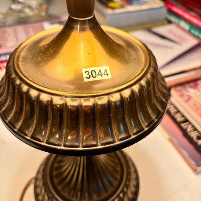 Sale Photo Thumbnail #269: Set of 2 brass lamps. Off white lamp shades. Both in good working order.