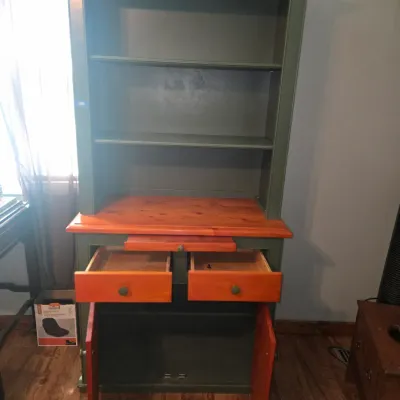 Sale Photo Thumbnail #35: Nice green cabinet with stained wood finish.  2 drawers and a pull out writing table. This cabinet is solid wood.
