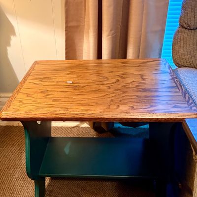 Sale Photo Thumbnail #274: Cute country theme end table with hearts on each end. Oak & green.