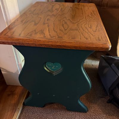 Sale Photo Thumbnail #275: Cute country theme end table with hearts on each end. Oak & green.