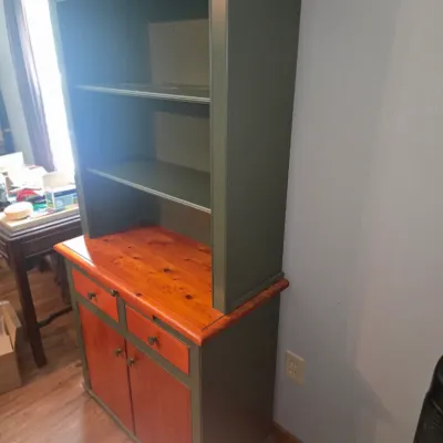 Sale Photo Thumbnail #34: Nice green cabinet with stained wood finish.  2 drawers and a pull out writing table. This cabinet is solid wood.
