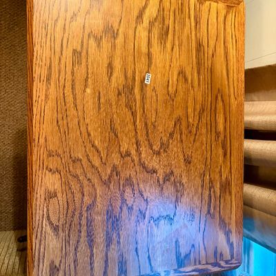 Sale Photo Thumbnail #273: Cute country theme end table with hearts on each end. Oak & green.