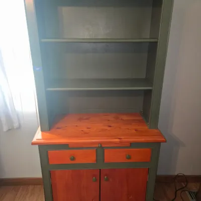 Sale Photo Thumbnail #32: Nice green cabinet with stained wood finish.  2 drawers and a pull out writing table. This cabinet is solid wood.