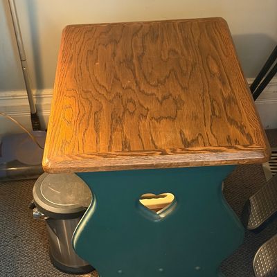 Sale Photo Thumbnail #276: Cute country theme end table with hearts on each end. Oak & green.