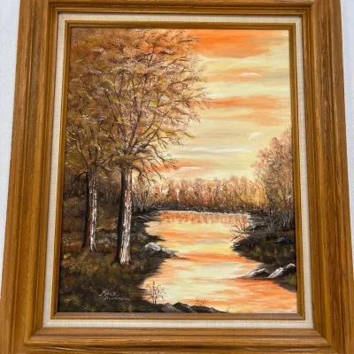 Scenic Fall Painting & Pink 80s Vintage Floral Piece 