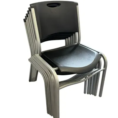 Set of 6 Commercial Stackable Chairs with Black Molded Seats & Silver Metal Frames