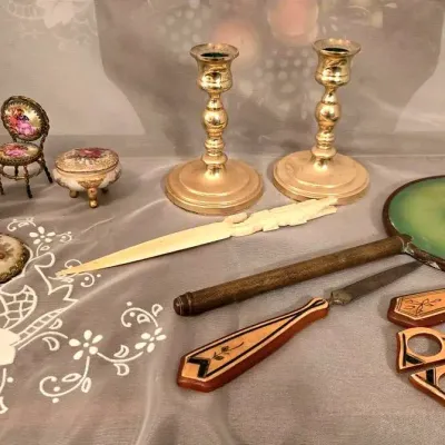 Romantic Vintage Decor: Lamps, Vanity Set, Baldwin Brass Candlesticks 