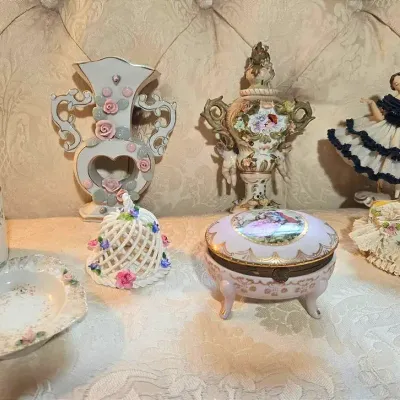 Vintage China Figurines, Trinket Box, Wedgwood Cup +