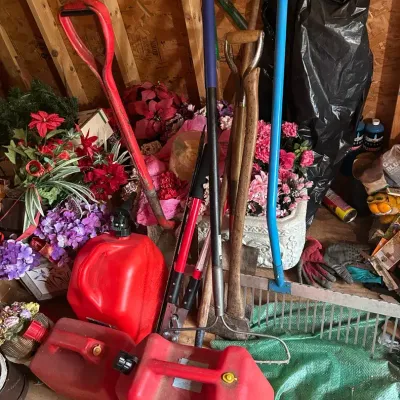 3 Gasoline Containers And Group Of Lawn Tools 