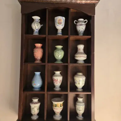Vintage China Trinkets Miniatures & Wood Display Shelves 