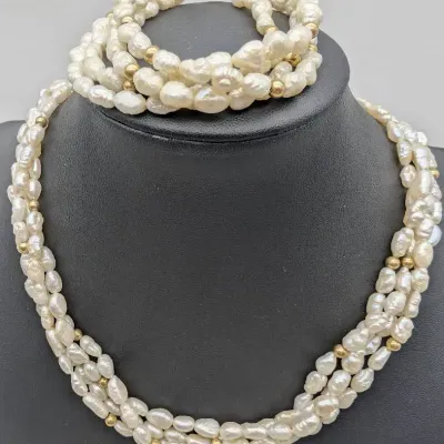 Baroque Pearl & 14K Gold Bead Necklace & Bracelet Set
