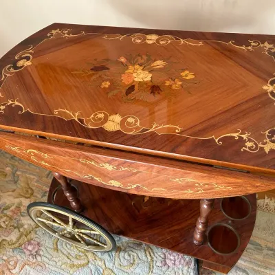 Vintage Italian Marquetry Drop Leaf Tea And Bar Cart