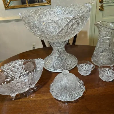 Heavy Cut Glass Punch Bowl With Cups And More 