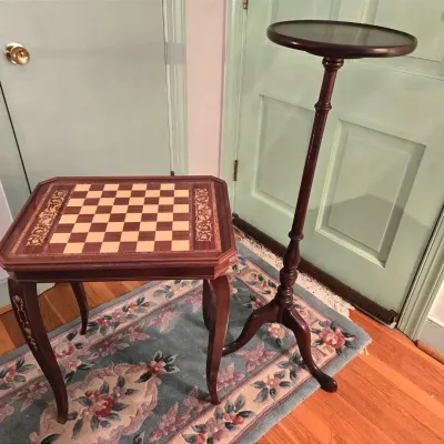 Vintage Marquetry Inlay Game Table & Fern Stand