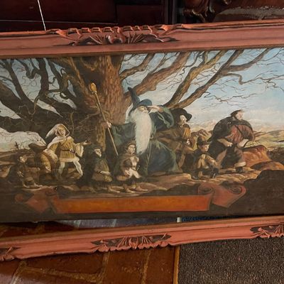 Vintage framed oil painting depicting Gandalf and the Fellowship of the Ring under a large oak tree, set in a carved wooden frame.