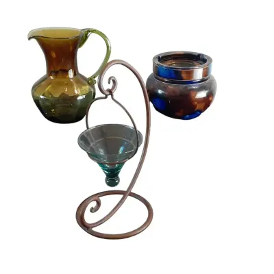 TJ102 VTG Amber Glass Pitcher, Blue/Brown Tobacco Jar & Wrought Iron Botive Candle Holder 