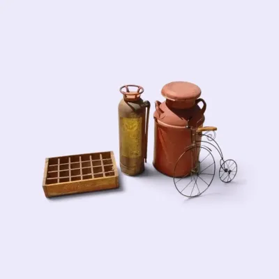 TJ263 Vintage Misc: Fire Extinguisher, Red Milk Can, Wooden Crate, Wire Tricycle
