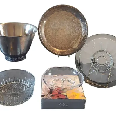 TJ105 Stainless Steel Salad Bowl, Silverplated Serving Tray, Crystal Serving Bowls & Crystal Relish 