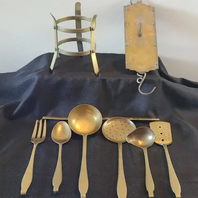 TJ110 VTG Brass Utensils & Holder, Chatillon's Spring Balance and Brass Tripod Stand