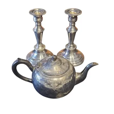 TJ269 627 Teapot / Silver On Copper Candlesticks