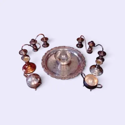 TJ212 Vintage Tea Service & Tableware Lot - Tray, Candelabras, Creamer & Sugar