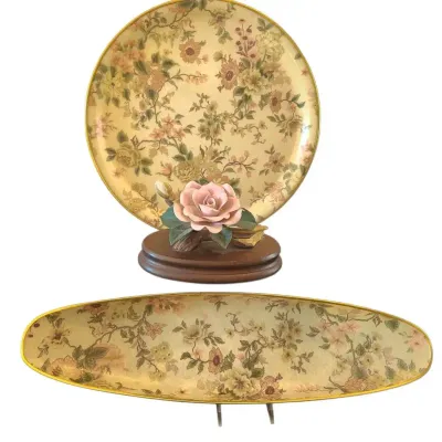 TJ107 Pink Rose Music Box & Floral Serving Pieces 