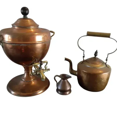 TJ104 VTG Copper & Brass Samovar, Copper Teapot and Copper Measure Jug
